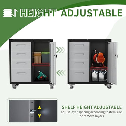 Metal Mobile Tool Storage Cabinet with 4 Drawer and 1 Locking Door - color: Black/Gray, style: 1 door 4 drawer with wheels