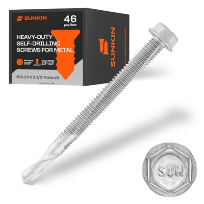 SUNKIN 46PCs Self Tapping Screws for Metal, Hex Head #12 x 2-1/2 Inch, Self Drilling for Thick Steel, Less Effort Installation, Long Lasting Anti Rust Coating - size: #12 x 2-1/2 inch(46pcs)
