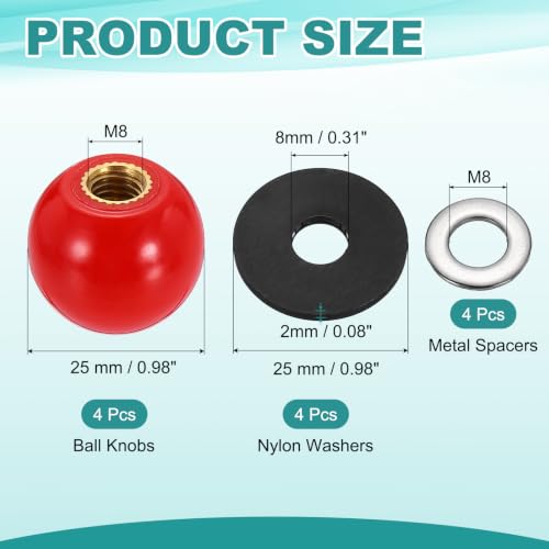 uxcell 4Pcs Threaded Ball Knobs, M8 x 25mm Phenolic Plastic Thread Ball Handles Balls Nuts Knob Caps Nut Balls with Threaded Insert for Machine Lever Handle DIY Project, Red - color: Red, size: M8 x 25mm