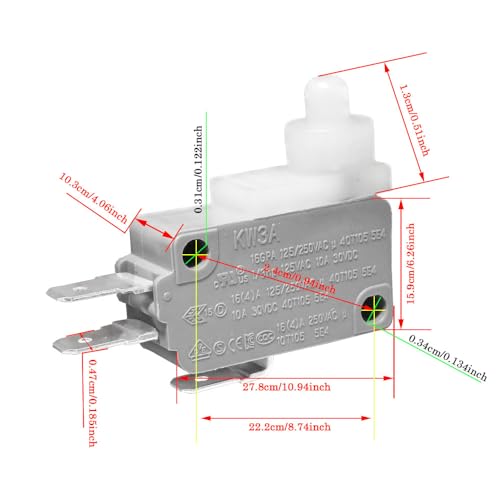 6Pcs Micro Limit Switch Carry Automatic Lock SPDT Snap Action Switch for Arduino,KW3A 16A 125/250VAC - color: KW3A-B16