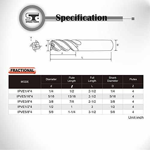 SPEED TIGER Carbide Square End Mill - 4 Flute - IPVE3/8 4 (1 Piece, 3/8") - Unequal Flute Spacing & Helix Design - Anti-Vibration - for Stainless Steel - Mill Bits Sets for DIYers & Professionals - size: 3/8 in