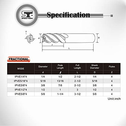 SPEED TIGER Carbide Square End Mill - 4 Flute - IPVE3/8 4 (1 Piece, 3/8") - Unequal Flute Spacing & Helix Design - Anti-Vibration - for Stainless Steel - Mill Bits Sets for DIYers & Professionals - size: 3/8 in