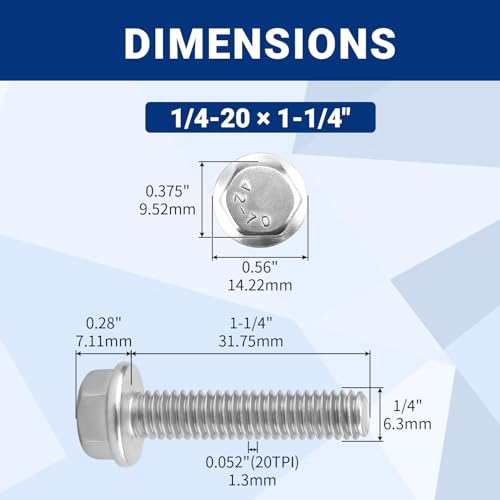 20pcs 1/4-20 x 1-1/4" Flange Hex Head Bolts (Non-Serrated), 304 SS - size: 1/4-20 x 1-1/4