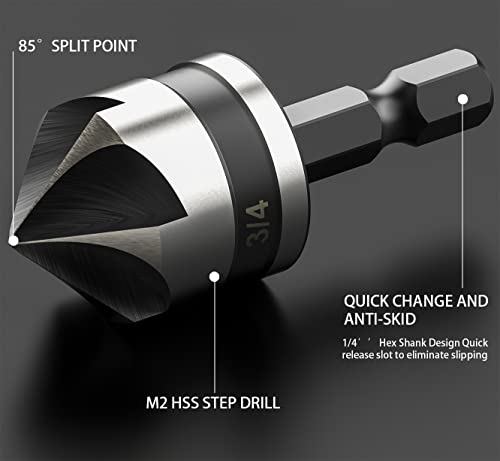 Countersink Drill Bit Set for Metal 5 Pieces - M2 Cobalt Countersunk Bits,5 Flute 82 Degree,1/4" Hex Shank Countersunk Bit Set 1/4'' 3/8'' 1/2'' 5/8'' 3/4'' for Drilling Copper, Aluminum, and Wood. - color: Black