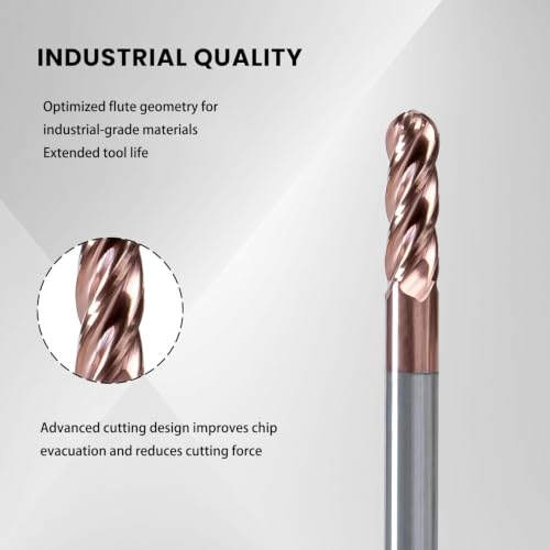 NZ 1/8" 4-Flute Ball Nose End Mill TiSiN Coated Carbide CNC Router Bits for Machining Stainless Steel, Alloy Steel and Titanium Alloy, 5-Pack - size: 1/8 inch