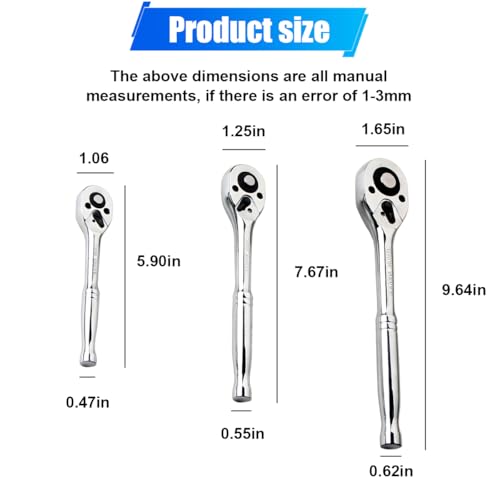ZIMISI 3PCS Ratchet Wrenches Set, 24-Tooth 1/4" 3/8" 1/2" Drive Socket Wrench, Full Polished Quick-Release Reversible Socket Set for Tight Spaces, Universal Car Repair Accessories (Smooth handle)