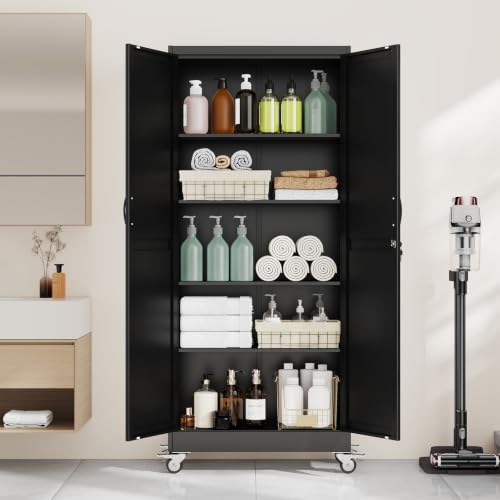 erosoe 71" H Metal Garage Storage Cabinet, Rolling Tool Cabinet with 2 Doors and Wheels, Locker Steel Cabinet with 4 Adjustable Shelves, Organization Cabinet for Garage,Office,Home,Gym,School-Black - color: Black, size: 71" CasLck-M