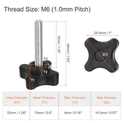 HARFINGTON 6pcs Star Clamping Knobs M6 x 35mm Metric Male Thread 32mm 4-Point Plastic Head Threaded Stud Knob Hand Tightening Thumb Screw Jig Handle, Black - size: M6 x 35mm x 32mm