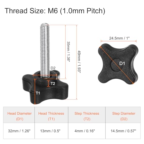 HARFINGTON 6pcs Star Clamping Knobs M6 x 35mm Metric Male Thread 32mm 4-Point Plastic Head Threaded Stud Knob Hand Tightening Thumb Screw Jig Handle, Black - size: M6 x 35mm x 32mm