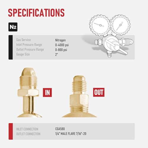 RX WELD Nitrogen Regulator, 0-1000 PSI, CGA580 Inlet, 1/4" Flare Outlet - style: 0-1000 PSI with Hose