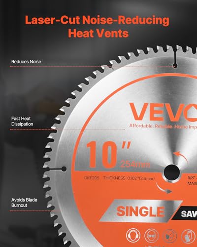 VEVOR Circular Saw Blade, 10 inch Diameter, 80 Sharp Alloy Teeth, 5/8 inch Arbor, Fine Finish, Aluminum Cutting Blade for Circular Saw, with Noise-Reducing Heat Vents, for Cutting Steel and Metal - size: 10" & 80T