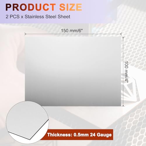 uxcell 2Pcs 304 Stainless Steel Sheet Plate, 6" x 4", 24 Gauge (0.5mm) Thickness, Stainless Steel Plate with Gloves for Crafting, Modelers, Jewelry, Repairs, Electrical Repairs (Silver) - size: 150 x 100 x 0.5mm