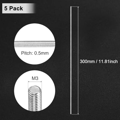 M METERXITY 5-Pack Fully Threaded Rod, M3x300mm 304 Stainless Steel Right Hand Thread Bar Studs for Furniture Anchor Bolts/Clamps/U-Bolts, Metric Threaded Screw - size: M3x300mm