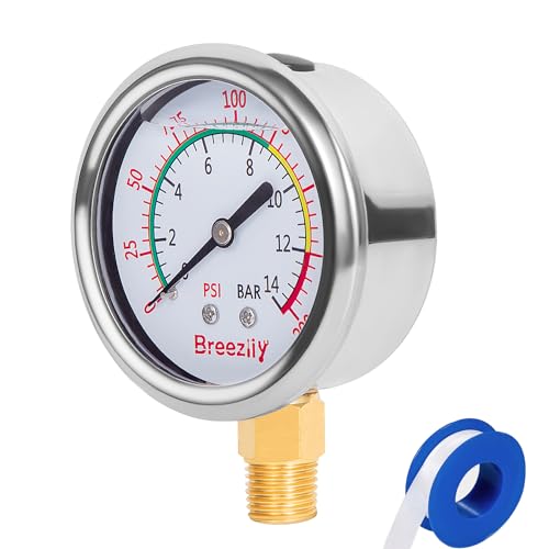 Water Test Pressure Gauge,2.5" Dial,0-200PSI/0-1.4MPA,Glycerin Liquid Filled Pressure Gauge,1/4" NPTthread,Lower Mount, for Water Oil Air Pressure Test（Stainless Steel/Color） - size: Gauge | Standalone