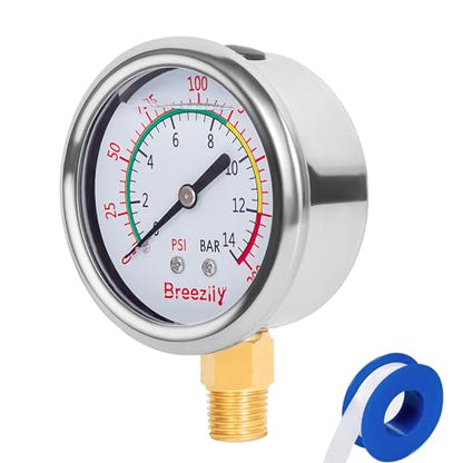Water Test Pressure Gauge,2.5" Dial,0-200PSI/0-1.4MPA,Glycerin Liquid Filled Pressure Gauge,1/4" NPTthread,Lower Mount, for Water Oil Air Pressure Test（Stainless Steel/Color） - size: Gauge | Standalone