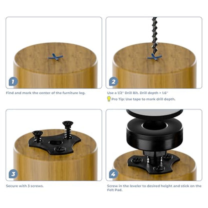 HUASAI 3/8”-16 Thread Furniture Leveling Feet, 4 Pack Adjustable Furniture Levelers Kit with T-Nuts, Heavy Duty Screw-On Feet, 330 LBs per Foot, for Chairs, Cabinets, Uneven Floors