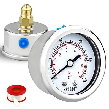 0-100 Psi Low Pressure Gauge, 2" Dial Size, 1/4 G Back Mount, Stainless Steel Case for Water Pressure Gauge Test for Water Pipe, HVAC(with Tape) - size: 0-100 psi, style: Back Mount
