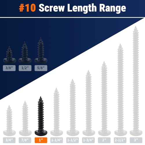 #10 x 1 (50 Pack) Stainless Steel Pan Head Self Tapping Screws, 304 SS (18-8) Black Coated, Phillips Drive Round Head Corrosion Resistant Screws for Wood & Sheet Metal - size: #10 x 1"