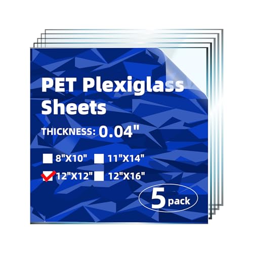 5-Pack of 12×12" x 0.04" PET Plexiglass Sheets, Transparent Clear Flexible Plastic Sheet Panels for Craft, Picture Frames, Sign Blank, DIY Display Project - size: 12"x12", 0.04" Thick