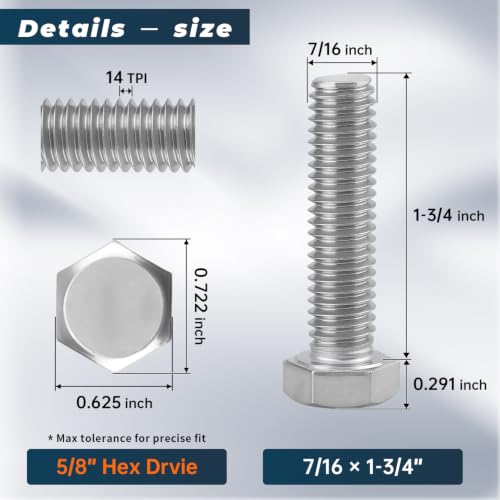 8 Sets Glvaner 7/16-14 x 1-3/4" Stainless Steel Hex Head Screws Bolts, Nuts, Flat & Lock Washers, 18-8 (304) Stainless Steel, Full Thread, Coarse Thread - size: 7/16-14 x 1-3/4"