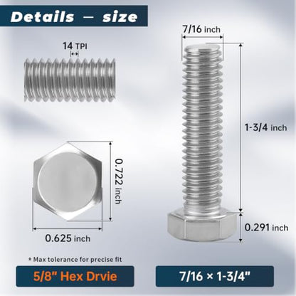 8 Sets Glvaner 7/16-14 x 1-3/4" Stainless Steel Hex Head Screws Bolts, Nuts, Flat & Lock Washers, 18-8 (304) Stainless Steel, Full Thread, Coarse Thread - size: 7/16-14 x 1-3/4"