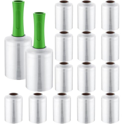 Jutom 16 Pcs Mini Stretch Film Industrial Shrink Wrap Roll Plastic Film for Moving 2 Handles 5" x 1000 ft Pallet Wrap Packaging Self Adhering Shipping for Moving Furniture Packing (Clear,Green) - color: Clear, Green