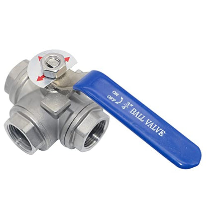 3/4" NPT Female T-Type Ball Valve with Heavy Duty Blue Vinyl Insulation Handle, 3-Way, 316 Stainless Steel,WOG1000 (3/4") - size: 0.75 Inch