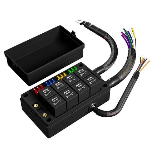 DaierTek 12V Fuse Box and Relay Block, 8 Relay 12 ATC/ATO Blade Fuse Pre-Wired Panel Dustproof Pre-Wired Fuse Relay Box for Automotive Car Marine Boat - color: 8 Relay 12 Fuse Pre-wired Relay Box