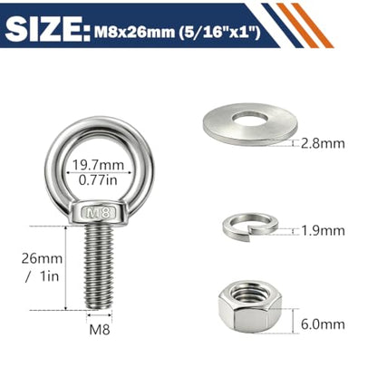 4 Pack M8 Stainless Steel Eye Bolts with Nuts, 5/16"x1" Long Lifting Ring Eye Bolt,Eye Bolts Heavy Duty for Hang Tie Down Outdoor (4, M8x26mm (5/16"x1")) - size: M8x26mm (5/16"x1")