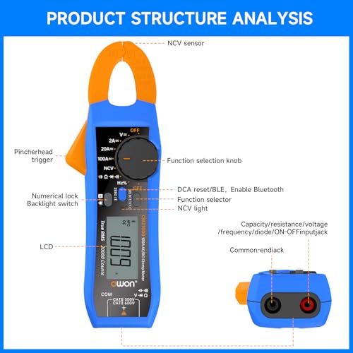 OWON Digital Clamp Meter Auto Range 20000 Counts AC/DC Resistance Capacitance Tester Multiple Measurement Functions NVC VFC Diode Overload Protection True RMS Multimeter CM2100B