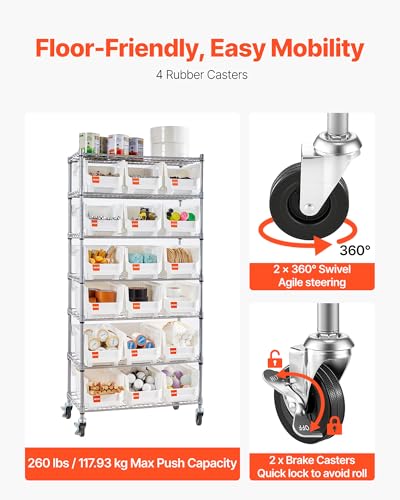 VEVOR 7-Tier Rolling Bin Storage Rack, 18 Organizer Bins, Bin Rack Storage Steel Wire Shelving System with Wheels, Mobile Tool Organizer for Garage, Warehouse, Office, Restaurant, Classroom, Kitchen - size: 7-Tier 18 Bins
