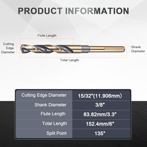uxcell 15/32" Drill Bit 3/8" Reduced Shank 3-Flat M35 5% Cobalt HSS - size: 15/32" with 3/8" Shank