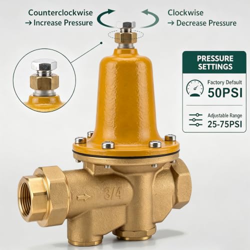 3/4" Pressure Reducing Valve LF25AUB‑Z3, Integrated Cast Copper Silicon Alloy for Cold & Hot Water Systems, 33℉‑160℉, 25‑75 psi, Max 300 psi, NPT Female Union x NPT Female Outlet, 10‑Year Warranty
