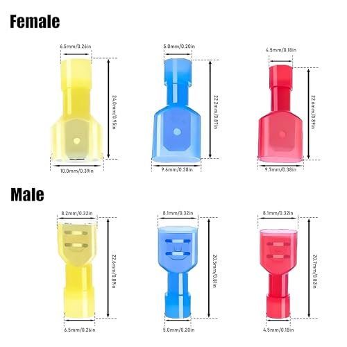 100PCS Spade Connector Kit, Quick Disconnect Male and Female Wire Connectors, Nylon Insulated Crimp Terminals for Automotive, Electronics