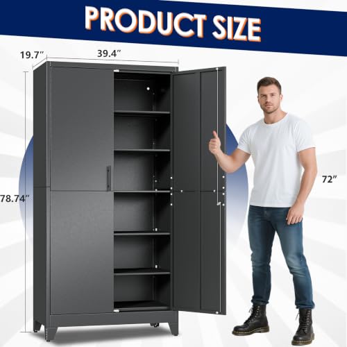 erosoei 79" H Metal Garage Storage Cabinet, Black 2‑Door Metal Pantry Cabinet, Steel Locker Cabinet with 5 Adjustable Shelves, Freestanding Cupboard for Garage, Office, Home, Gym, School - color: Black, size: Upgraded Version-78" NCasNLck