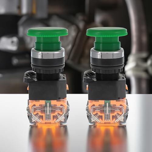 Emergency Push Button Switch, Green Mushroom Head, for Home or Industrial Equipment, Operating Rooms, Distribution Boxes, NO NC, 22mm, Spring Return (2 Pack) - size: 2 Green, style: Spring Return