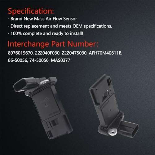 Mass Air Flow Sensor for Toyota Sequoia 2005-2019 / Tacoma 2005-2019 / Tundra 2006-2010 Replace OE# 222040F030 2220475030 74-50056