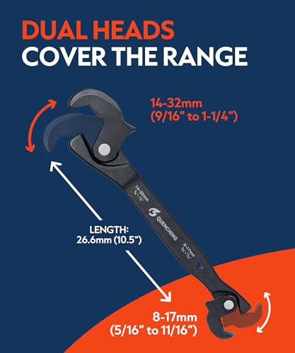 QUENCHING Self-Adjusting Crowfoot Wrench for Tight-Access Fasteners 8–32mm (5/16”–1-1/4”), Slim Profile, Not for Heavy Torque - size: 10" Dual Head Wrench