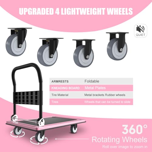 WUD Push Cart, Folding Mobile Platform Trolley,Thickened and Reinforced, 360° Swivel Wheels,35.4 “L x 23.6 ”W, 1100 lb. Pink Dolly cart with Wheels (Pink, Large) - color: Pink, size: Large