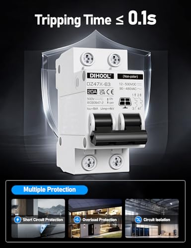 DIHOOL Solar Disconnect Switch, 20 Amp 2 Pole, DIN Rail Mount, Non Polarized, 12V 24V 48V 400V, AC/DC Circuit Breaker, RV Battery Isolator, PV Array MCB, Thermal Magnetic Trip