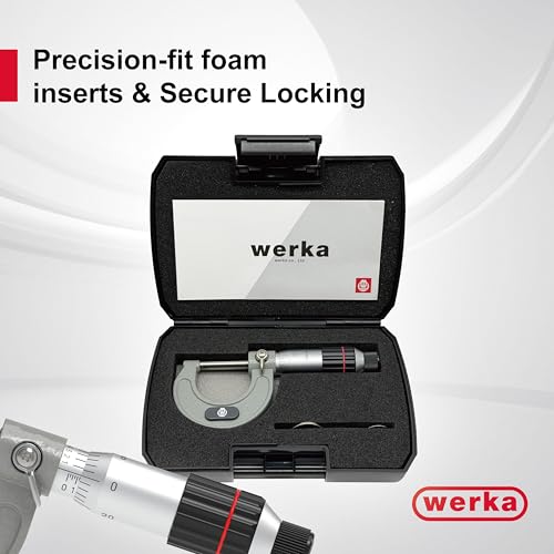 Werka Professional Outside Micrometer, 0-1 Inch Range with 0.0001 Inch Graduations, Precision Measurement Tool with Ratchet Stop, Storage Case Included