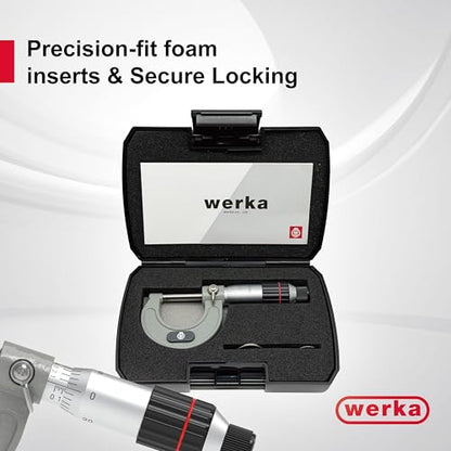 Werka Professional Outside Micrometer, 0-1 Inch Range with 0.0001 Inch Graduations, Precision Measurement Tool with Ratchet Stop, Storage Case Included