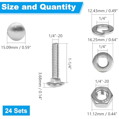 24 Sets 1/4-20 x 1-1/4" Carriage Bolts Screws, 304 Stainless Steel - size: 1/4-20 x 1-1/4"