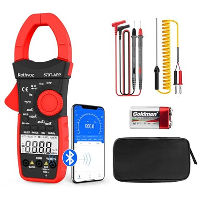 Kethvoz 570T-APP Digital Clamp Meter, 4000 Counts Bluetooth Multimeter, 1000A AC/DC Amp Voltage Tester, Measures Ohms, Capacitance, Frequency, Temperature, Diode, Continuity Test with Data Logging
