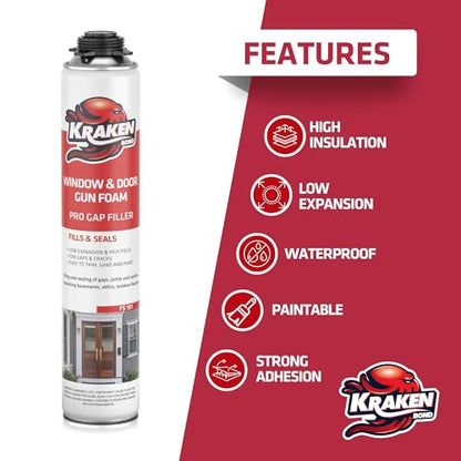 Kraken Bond Window & Door Expanding Foam Sealant - (2x24oz) Professional Gap Filling Gun Use Polyurethane Spray Foam, Low Expansion Waterproof Gap Filler, Gun&Cleaner Included - 2 Pack - size: 2 Pack
