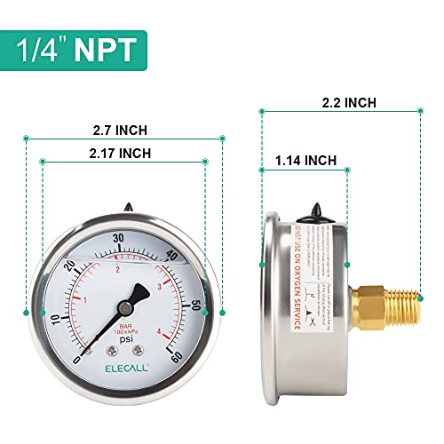 60psi Silicone Oil Filled Pressure Gauge for Water Oil Pressure Test in Pool Pump Sand Filter Air Compressor Water System, 2-1/2" Stainless Steel Case, Back Mount 1/4" NPT - size: 0-60 Psi, style: Back Mount