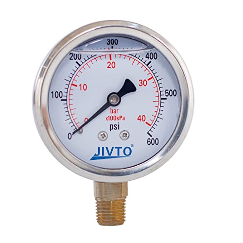 Pressure Gauge,Glycerin Liquid Filled,2" Dual Scale Dia,0-600 psi/bar/kpa,1/4" NPT Brass Connection,Lower Mount, Stainless Steel Case,for Air Compressor,Pump,Tube,Valve,Gas Air Water Oil Test - size: 0-600 psi