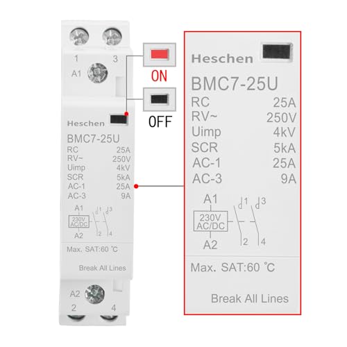 Heschen 25A 2 Pole Modular AC Contactor BMC7-25U, 220V AC/DC Coil