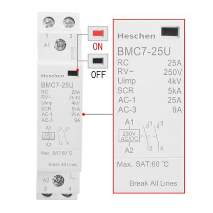 Heschen 25A 2 Pole Modular AC Contactor BMC7-25U, 220V AC/DC Coil