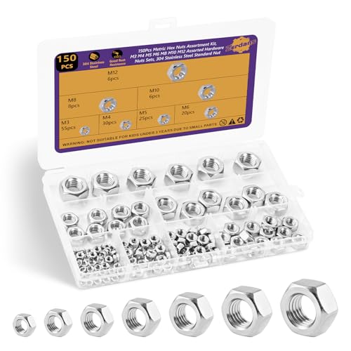 150Pcs Metric 7 Sizes Hex Nut Assortment 304 Stainless Steel - size: 150Pcs M3-M12 Silver